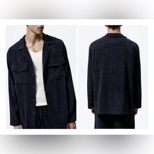 ZARA Man Large Navy Blue Relaxed Fit Corduroy Suit Button Down Shirt Shacket